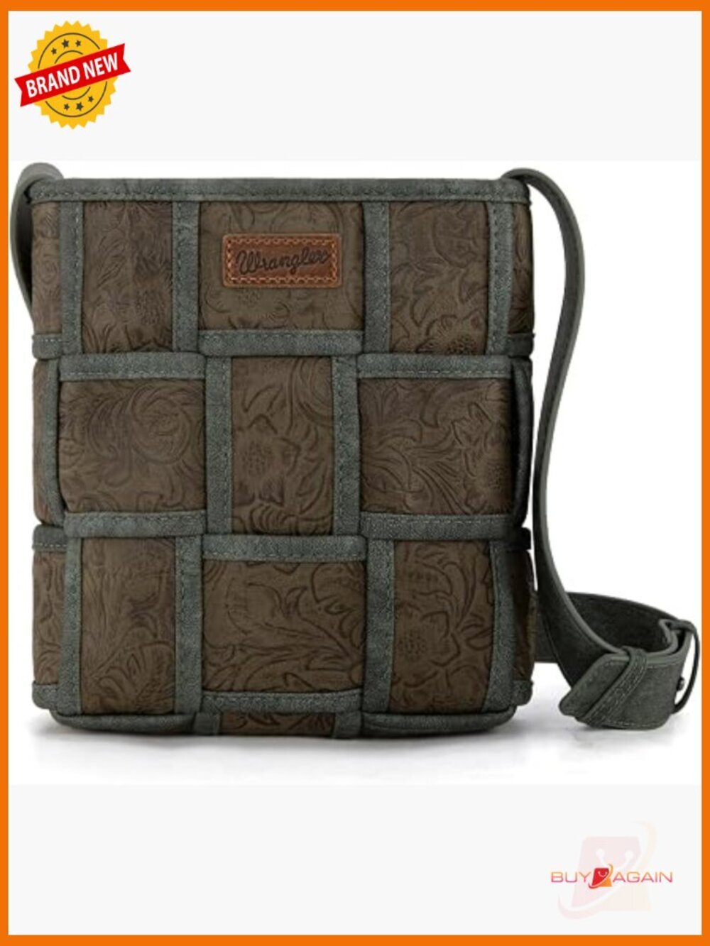 Woven Vegan Leather Crossbody Bag with Tooled Floral Design, Adjustable Strap